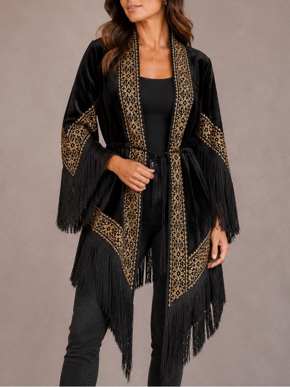 Black velvet Tasseled heritage Tribal  Gold embroidered Coat boho
